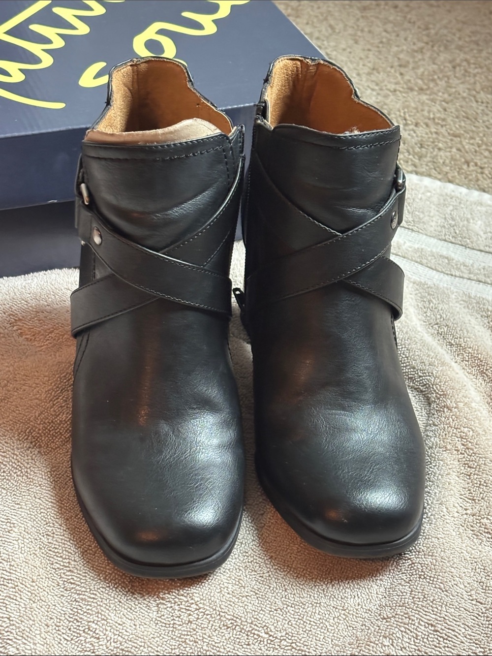 Natural Soul Black Leather Ankle Booties with Cross Strap